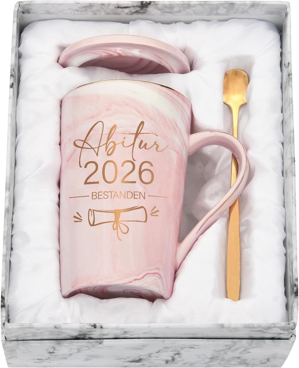 2026 geschenken, Abi 2026 geschenken, eindexamen 2026 geslaagd kopje, geslaagd examen cadeau, afstuderen, 400 ml roze marmeren beker met deksel, lepel en geschenkdoos
