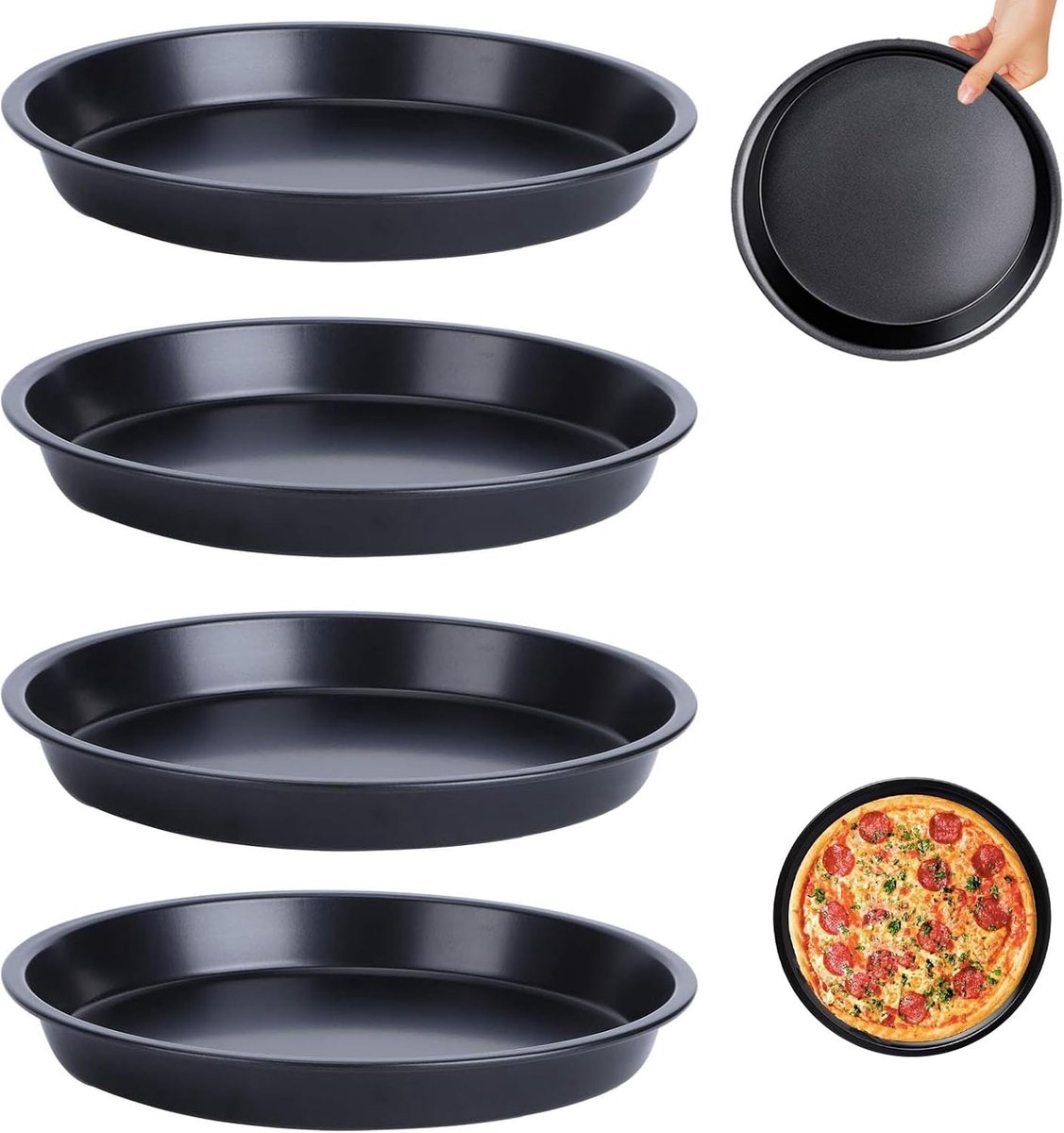 4-delige Pizza Vormset 20 cm – Rond Cakevormen van Koolstofstaal met Antiaanbaklaag – Mini Cakevormen voor Gebak, Cheesecake & Pizza – Duurzaam en Makkelijk te Reinigen