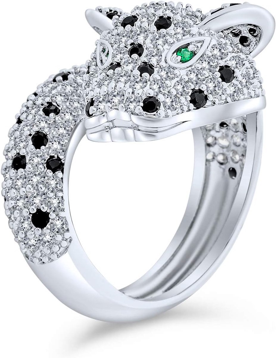 Jewelry Groene Oog Zwart Wit Zirconia CZ Mode Luipaard Panter Kat Verklaring Bypass Ring Voor Vrouwen Verzilverd Messing
