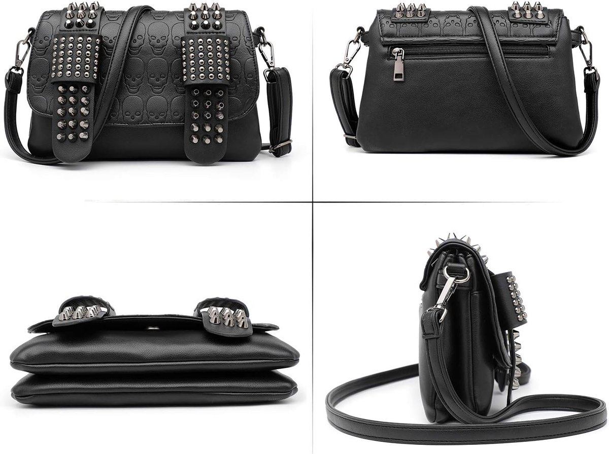 Punk Skull Klinknagels Crossbody Bag PU Lederen Messenger Schoudertas Handtas Portemonnee Portemonnee voor Meisjes Vrouwen, zwart, Eén maat, gotische punk