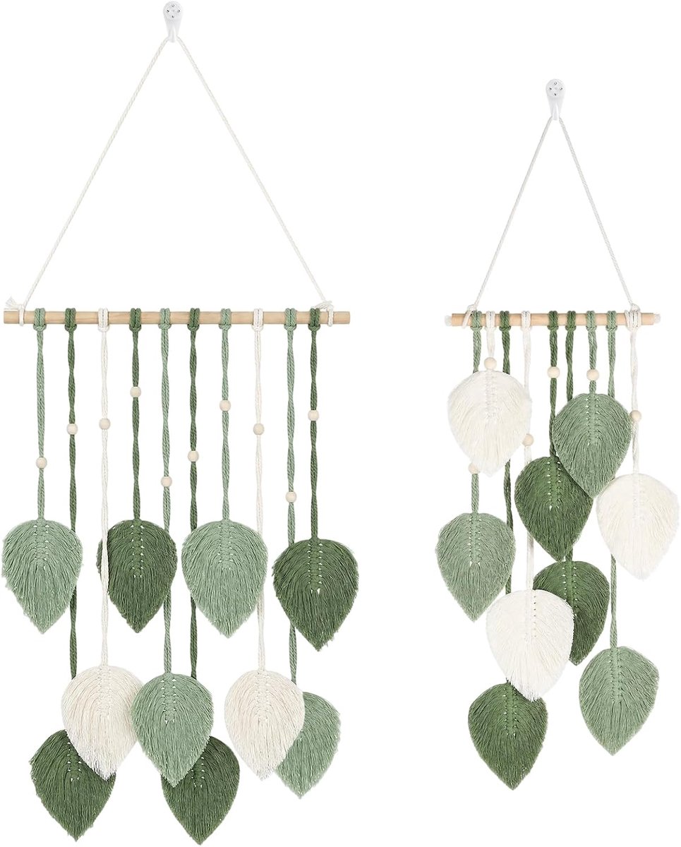 Xinyids 2 stuks macramé wanddecoratie, woonkamer, boho-decoratie, handgemaakt wandtapijt, boho met houten kralen en groene bladeren, macraméset voor woonkamer, slaapkamer, bruiloft, decoratie