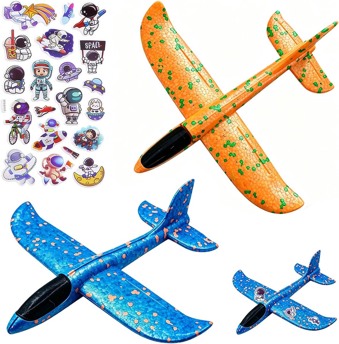 2 stuks piepschuim speelgoedvliegtuig, vliegtuig, schuim voor spelletjes tuin buiten, met astronautenstickers, blauw en oranje