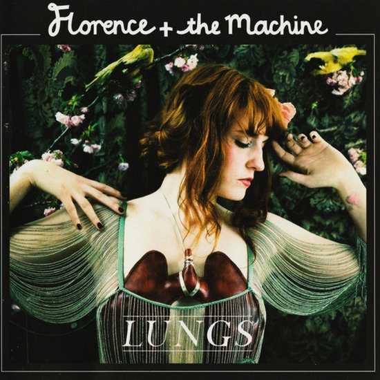 Florence Welch van Florence + The Machine met de titel LUNGS. Een groen-bruine achtergrond met bloesemtakken.