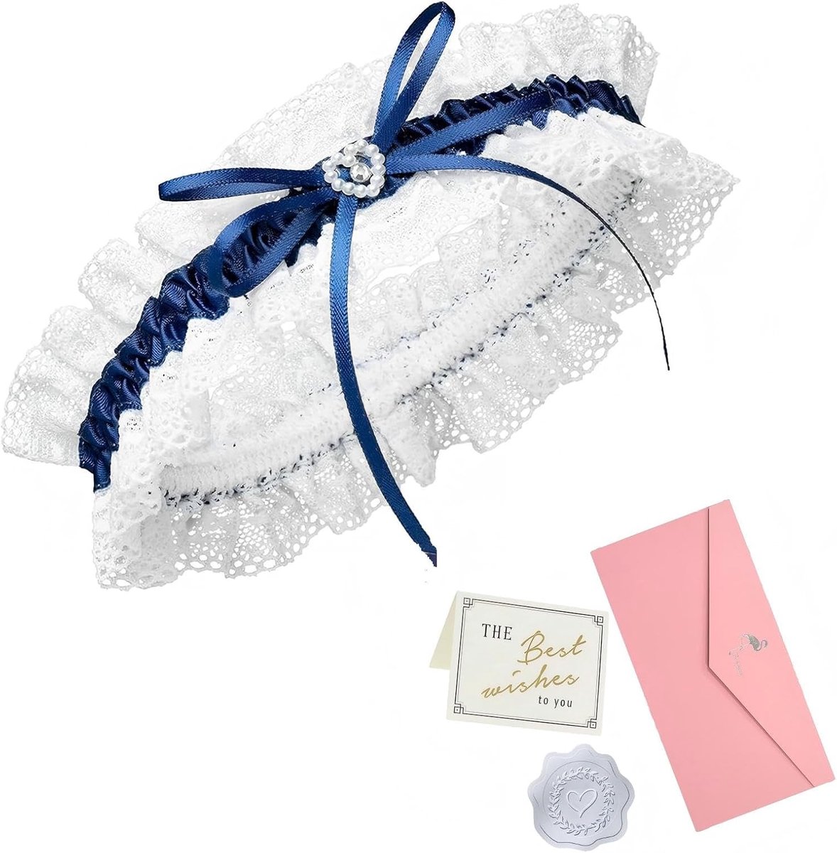 Bruidskousenband in blauw voor bruiloft, lint versierd met kant, strik en een elegant hart met filigraan glittersteen, handgemaakt