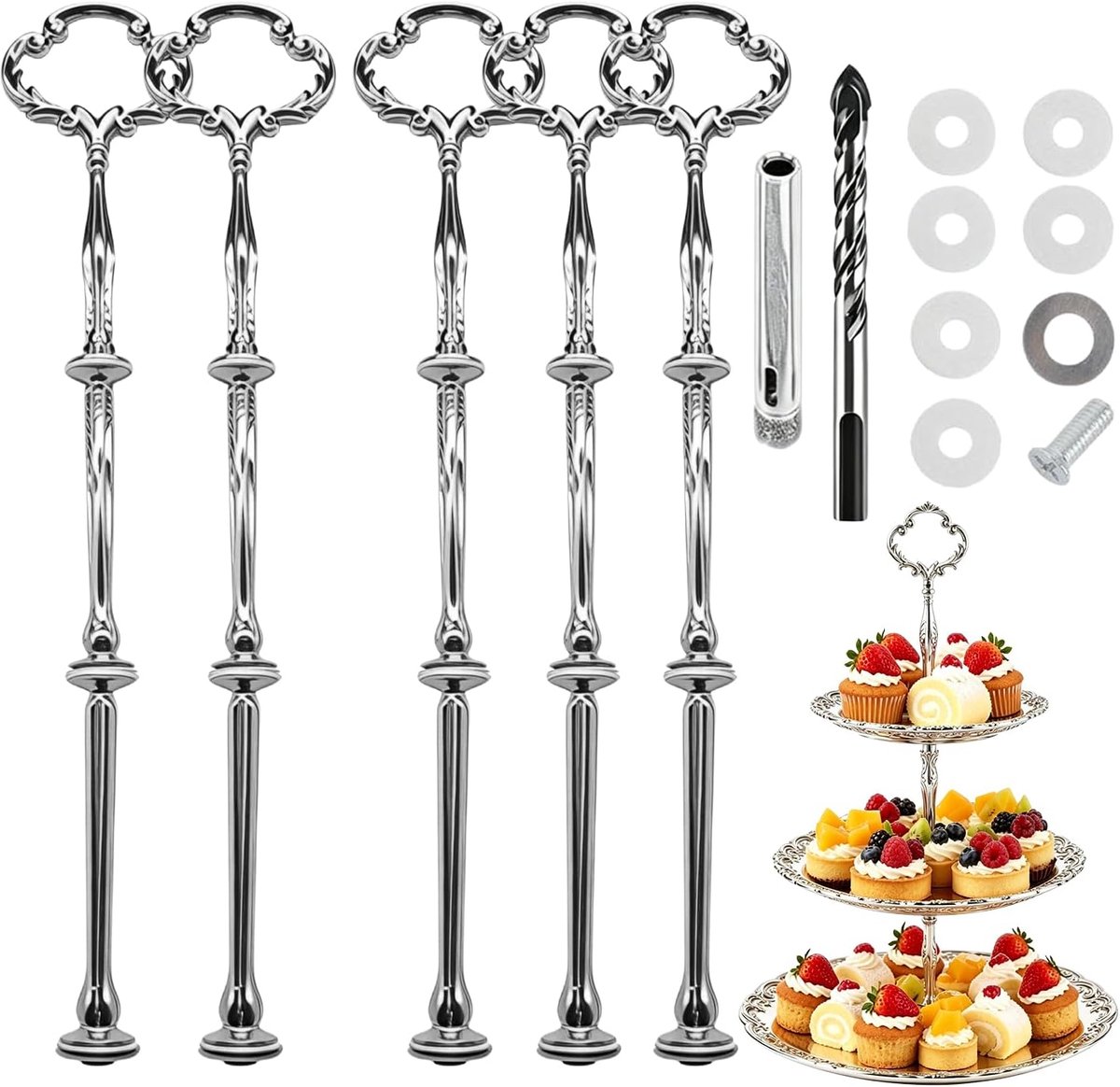 Set van 5 etagèrestangen, zilveren etagère, etagère, bouwpakket, metalen stang, etagère met boor voor taarten, cupcakes