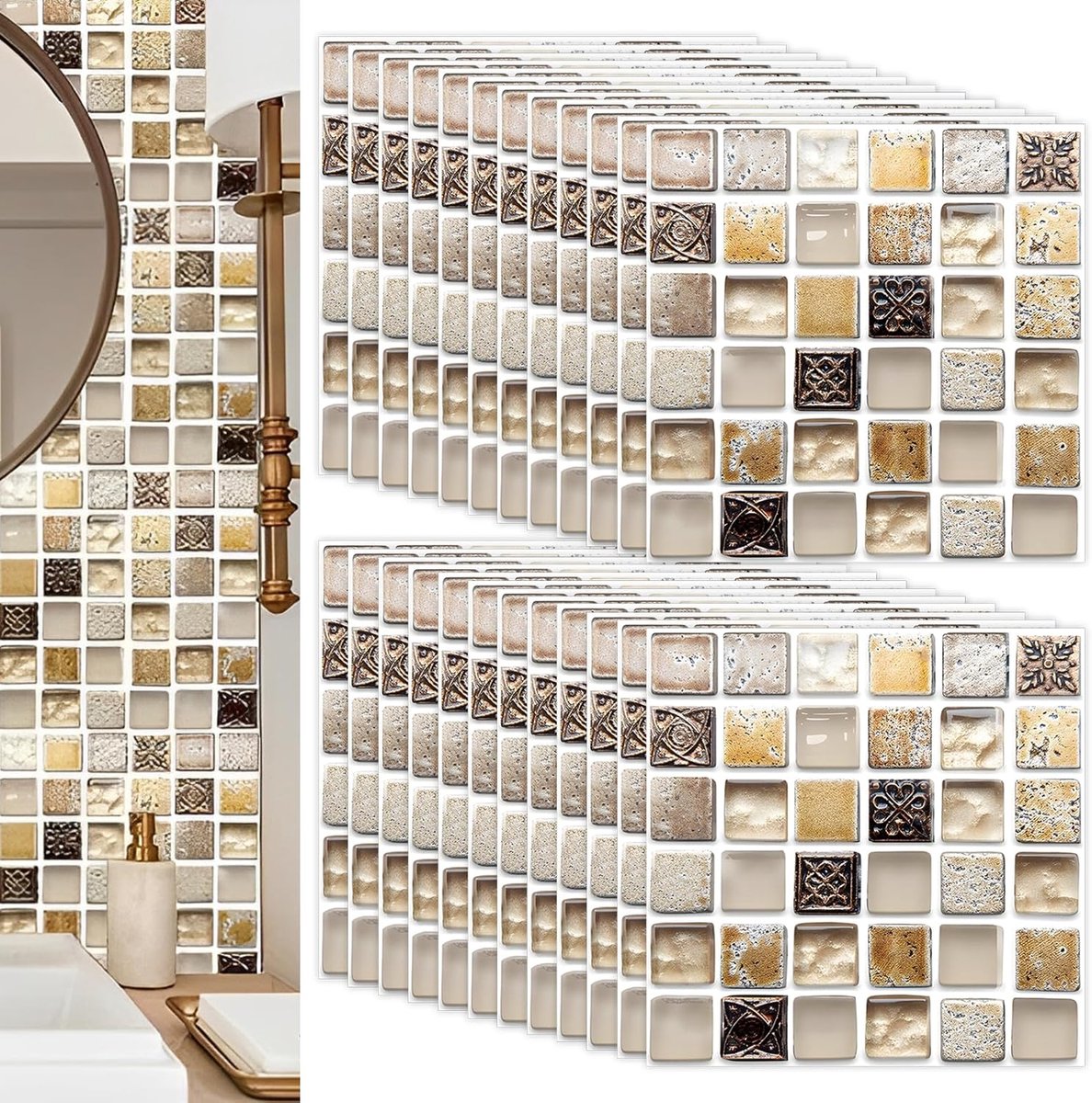 Tegelstickers, 24 stuks, zelfklevende plaktegels, waterdicht, tegelstickers voor keuken, badkamer, decoratieve stickertegels, 20 x 20 cm (goudkleurig 20cm)