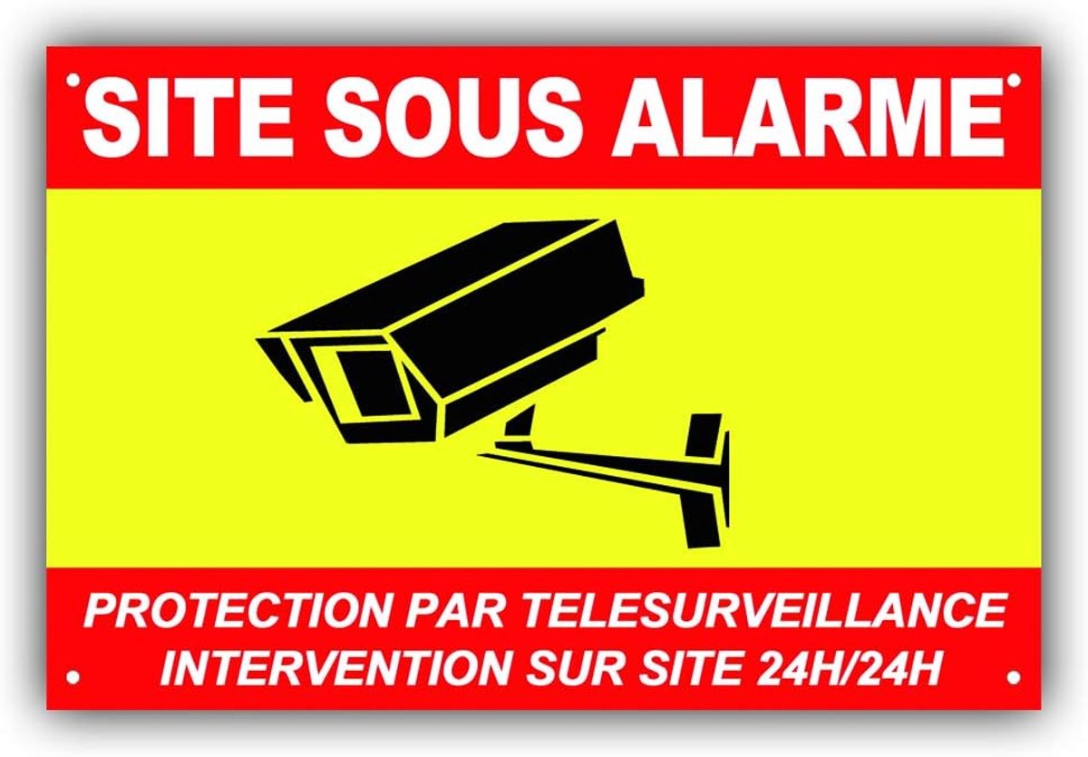 SITE onder Alarm van pvc + 4 gaten met tekst: Beveiliging door afstandsbediening - Interventie ter plaatse 24H/24H - CRJ (300 x 200 mm)
