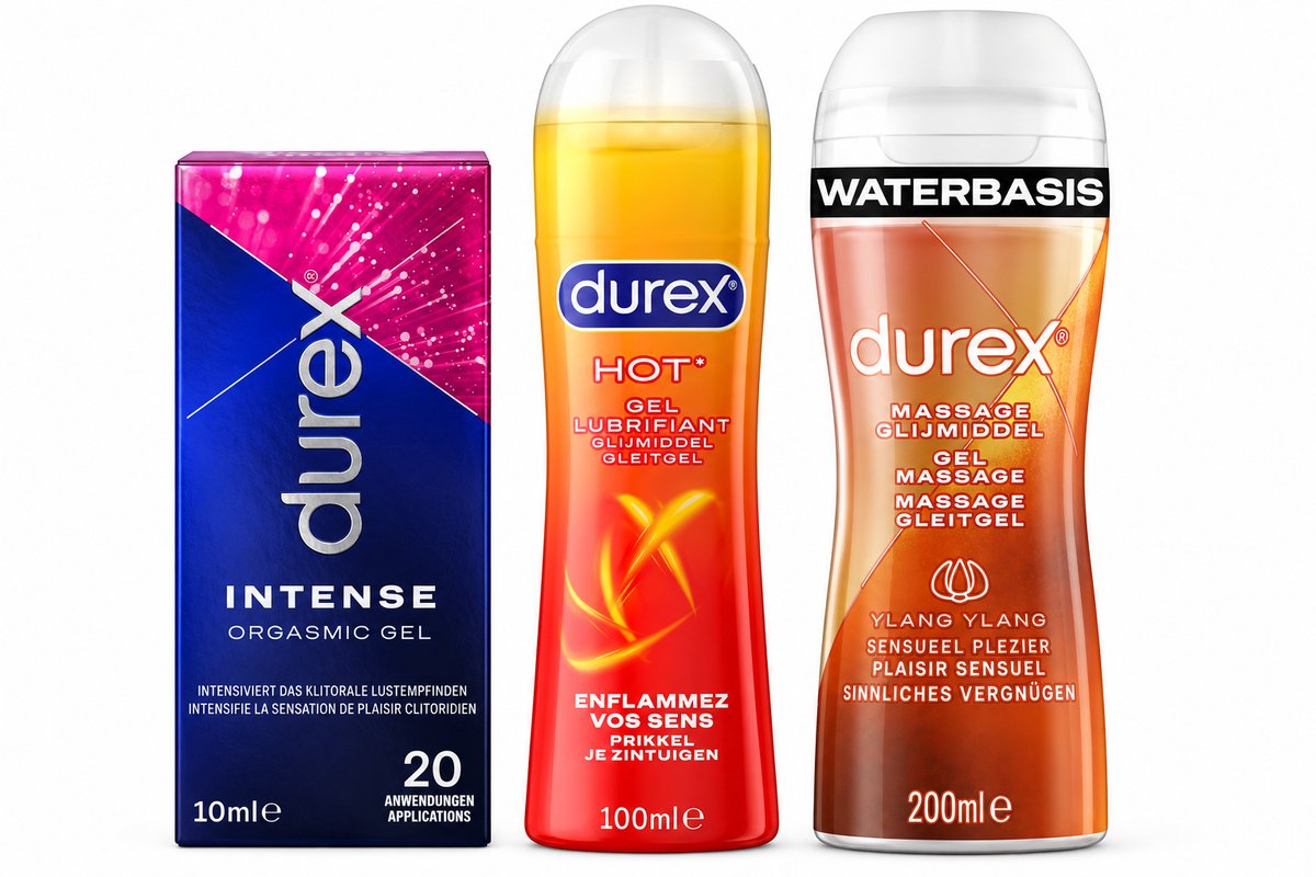 Durex Plezierbundel – Intense Orgasmic Gel 10 ml + Hot Glijmiddel 100 ml + Massage Glijmiddel Ylang Ylang 200 ml – 3 Stuks