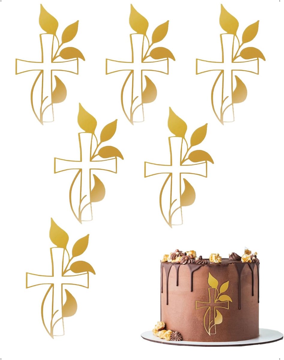 6 stuks taartdecoratie eerste communie, kruis, goudkleurig, taarttopper, doop, vormsel, taartsteker, taartdecoratie, decoratie voor taart party