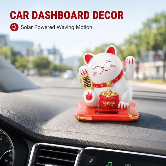 Gelukskat ornament, op zonne-energie bewegende arm gelukskat decoratie Feng Shui auto decor geld dansen katten Chinees geschenk voor het verwelkomen van geluk rijkdom — afbeelding 5