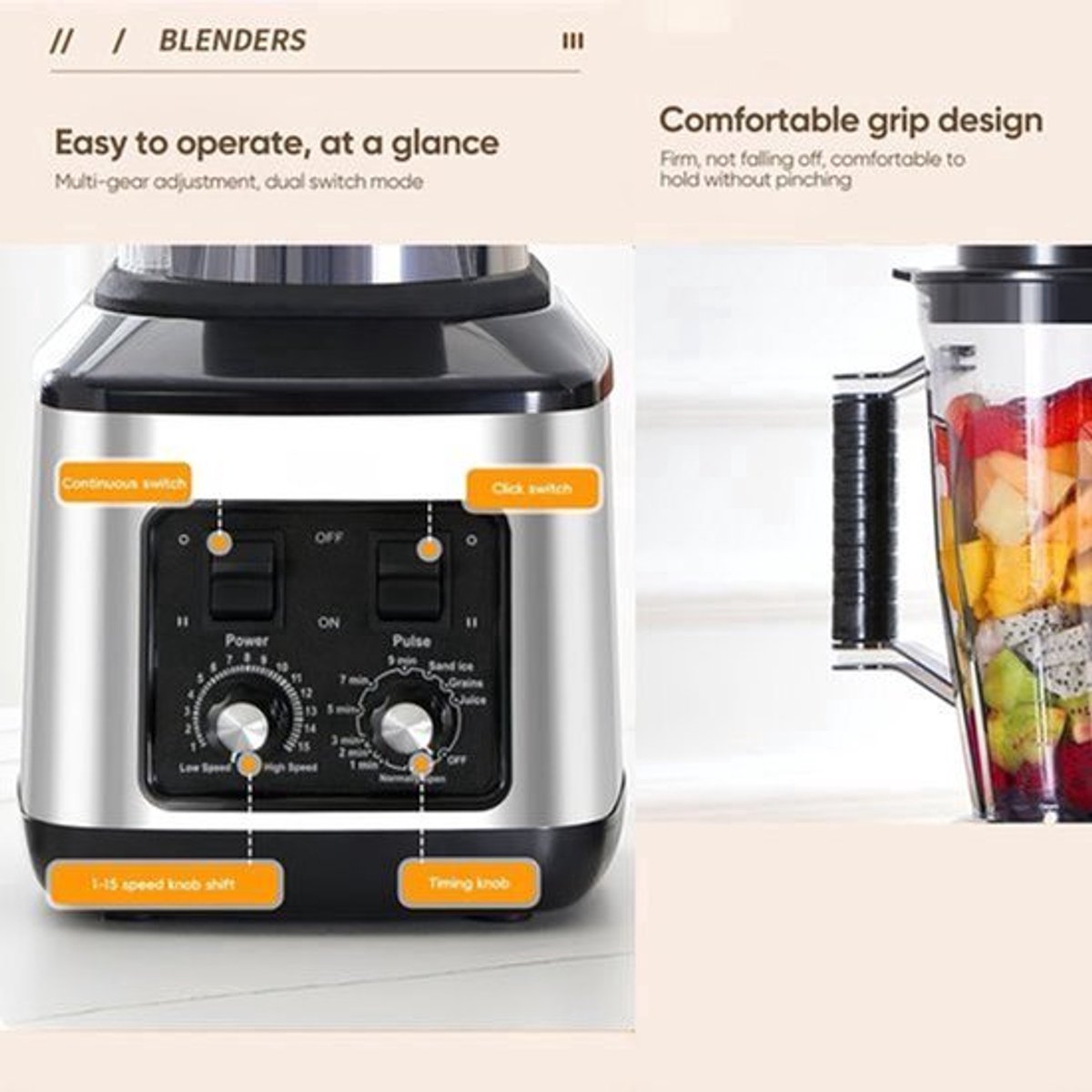 3-in-1 Elektrische Blender – Multifunctionele Mixer – Sapcentrifuge – Smoothiemaker – Keukenmachine – 9500W Krachtige Motor – 3L, 1,5L en 0,5L Containers