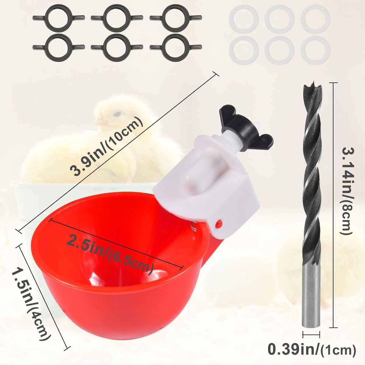 Drinkbakken voor kippen, automatische drinkbakken voor gevogelte, 6 stuks, automatische drinkers van kunststof, set met waterdispenser voor kippen met boormachine voor kippen, eend, kalkoen, duif