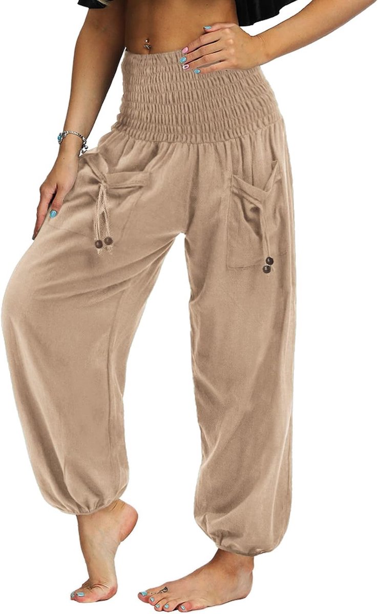Geplooide damesbroek met hoge taille en zakken, losse lichte hippie, harembroek, yogabroek, loungewear, zomervakantie