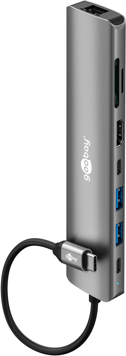 Image of Goobay 4K 60 Hz en 1 Gbit/s RJ45, slanke 8-poorts USB-C hub met HDMI, USB-A tot 5 Gbit/s, PD 100 W en SD/microSD-lezer