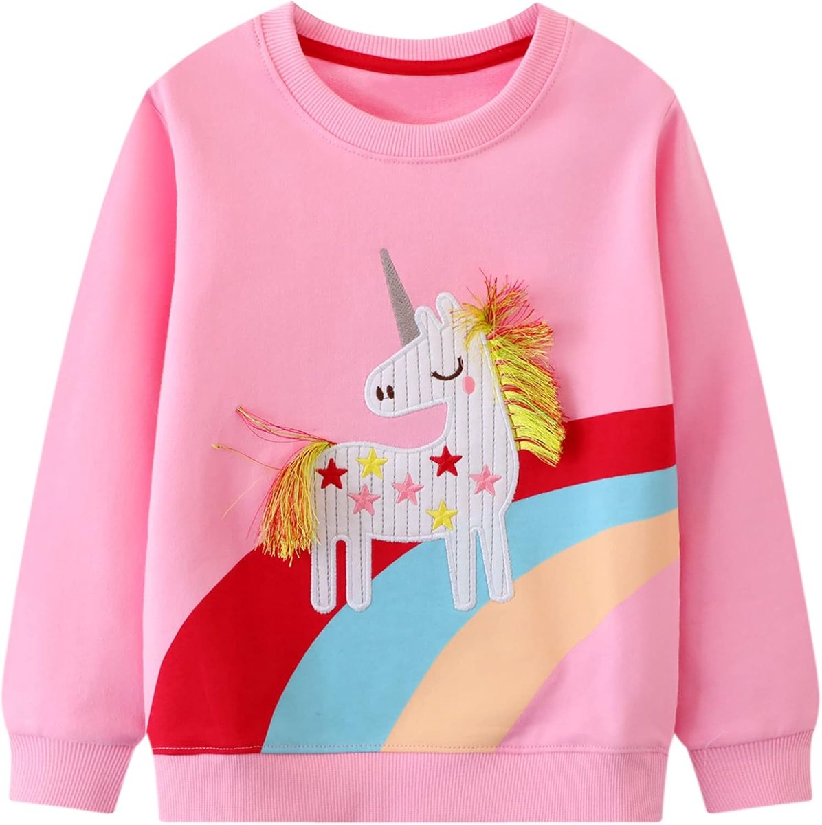 Sweatshirt voor Kinderen Baby Meisjes Lange Mouwen Tops T-Shirt Jumper Katoen Casual Eenhoorn Borduurwerk Regenboog Print Sweatshirt Pullover Peuter Leeftig 2-7 Jaar, Roze/Grijs