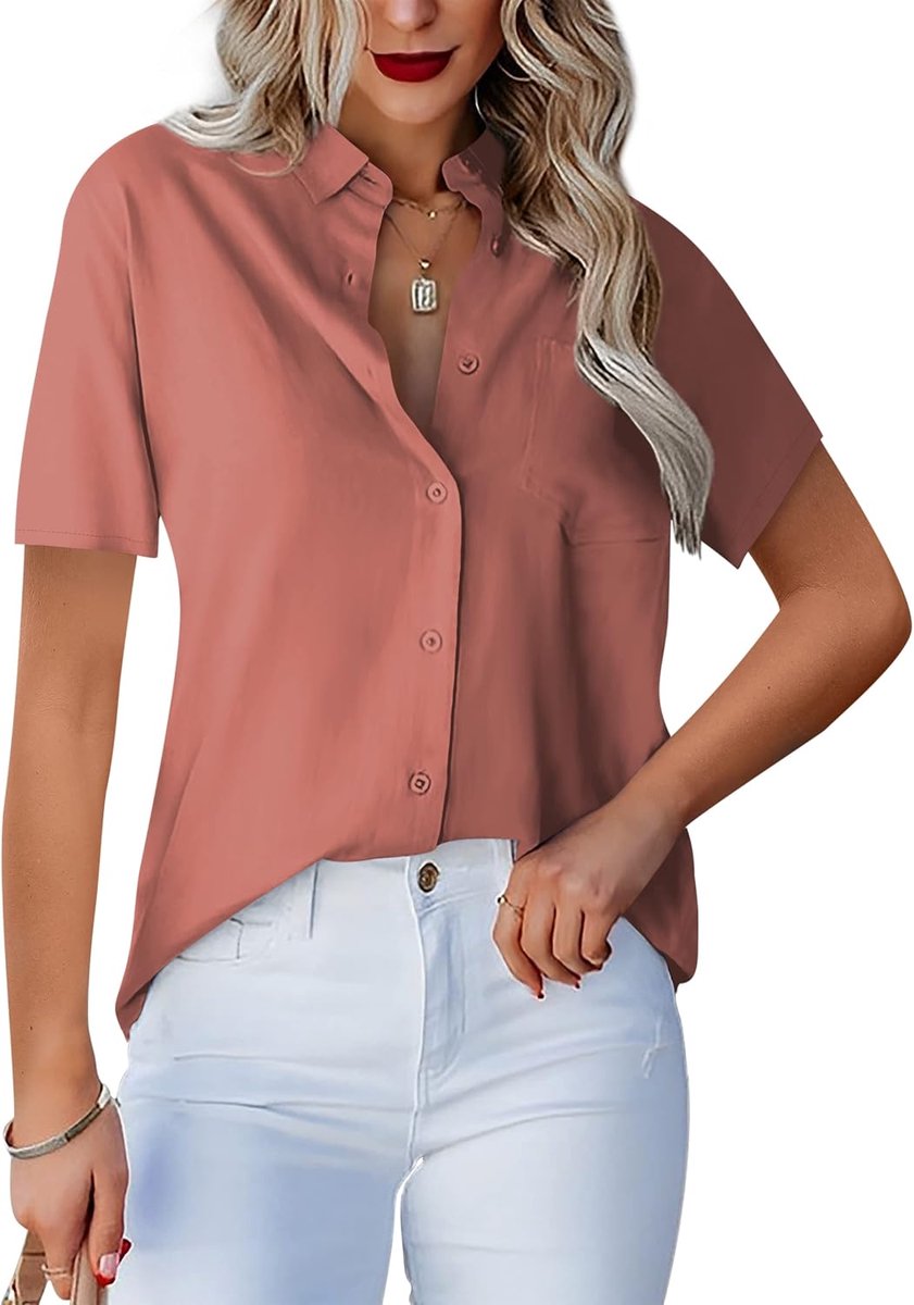 Damesblouse met V-hals, lange mouwen, elegant, casual, button-down-blouse, werkhemd, effen, met borstzakken