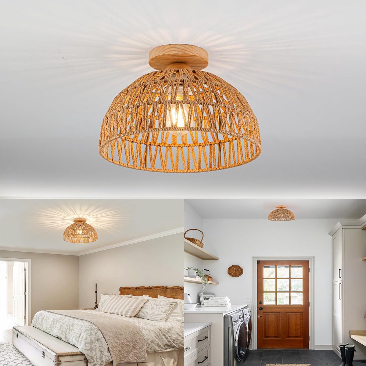 Rotan Plafondlamp, Boho-Lamp, Handgeweven Kroonluchter, Hanglampenkap Van Gevlochten Natuurmateriaal.