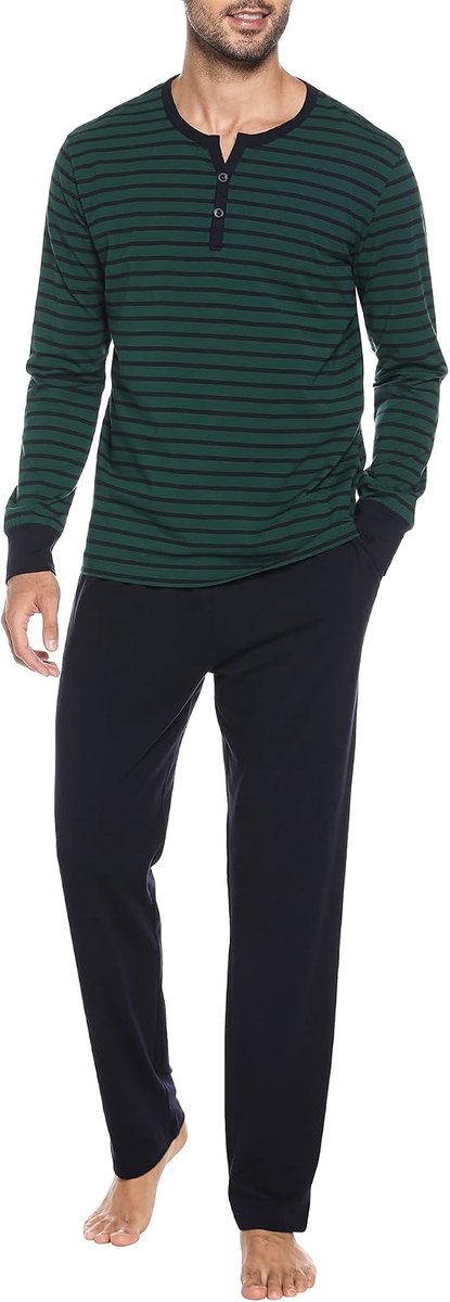 pyjama voor heren, lange slaapkleding, katoenen pyjamaset, winternachtkleding, lange mouwen, met knoopsluiting, V-hals en strependesign