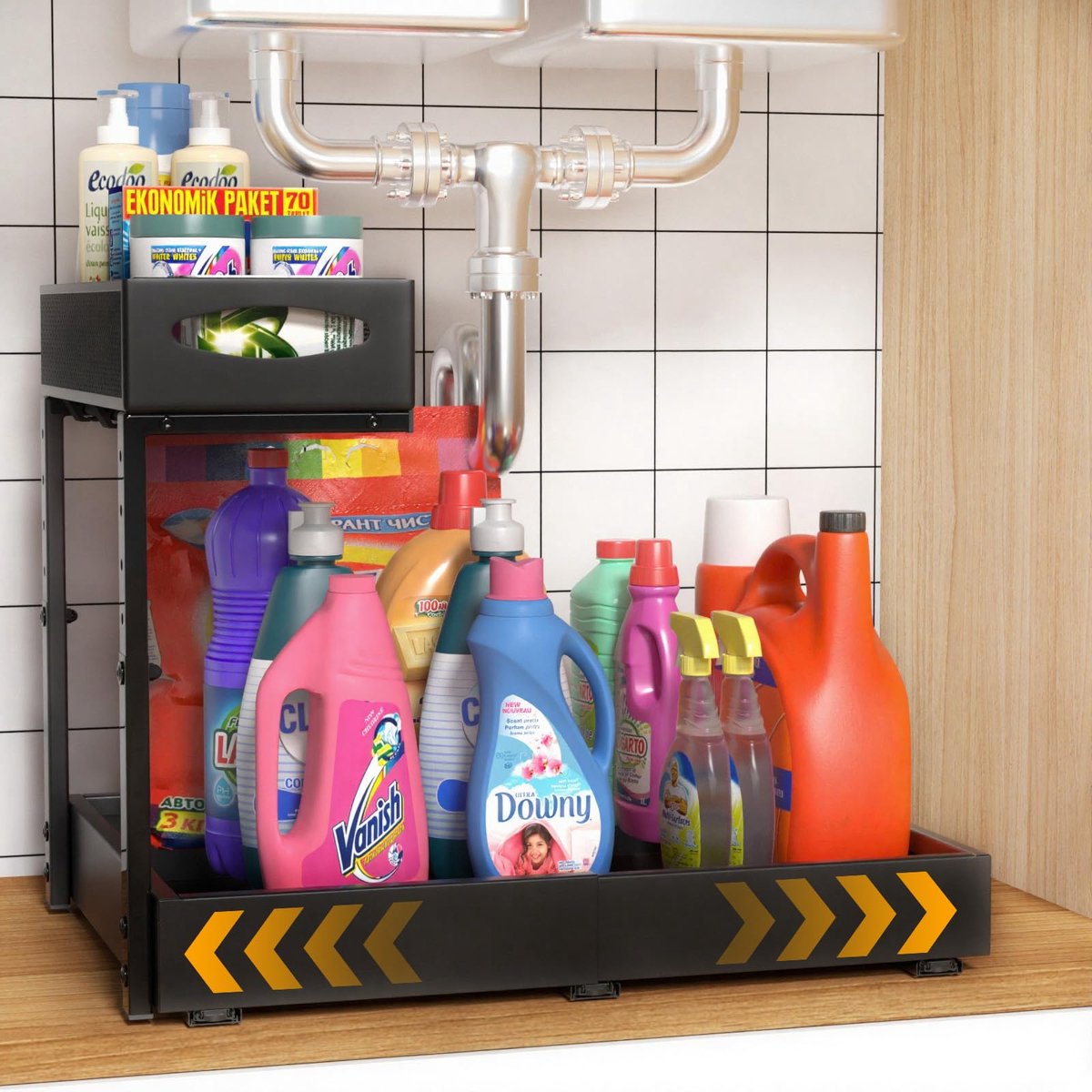 Famanu – Organizer voor onder de gootsteen, 33 - 50 cm breedte uitbreidbaar, 33-43 cm in hoogte verstelbaar, 2-laags metalen uittrekbare opbergrek onder de gootsteen met 3 schuifrails voor keuken
