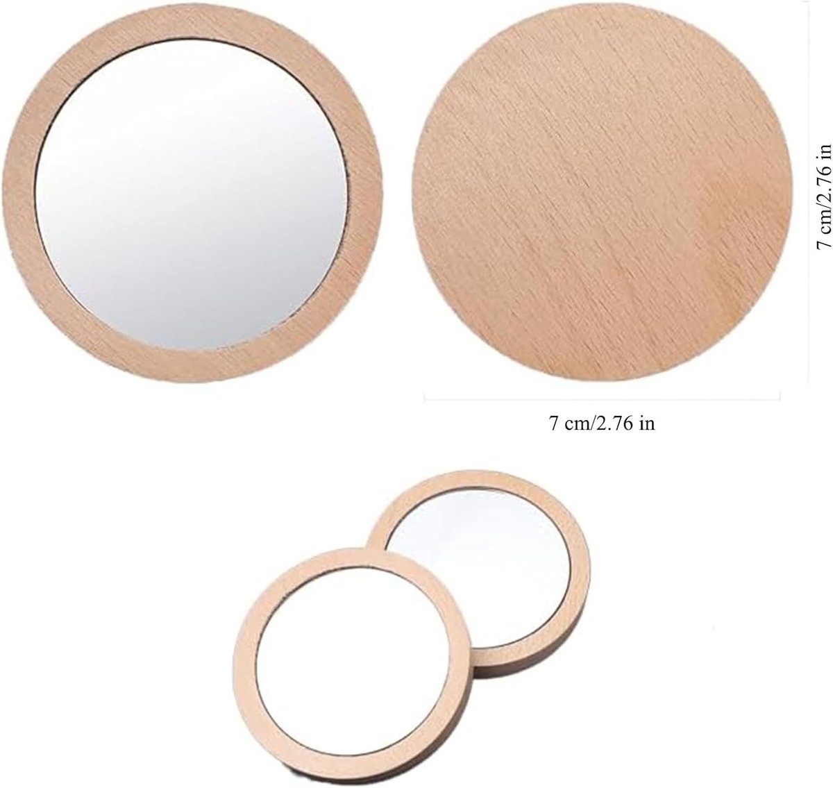 Set van 6 Houten Pocket Spiegels, Compacte Ronde Spiegels voor Make-up, Scheren en Reizen - 7 cm