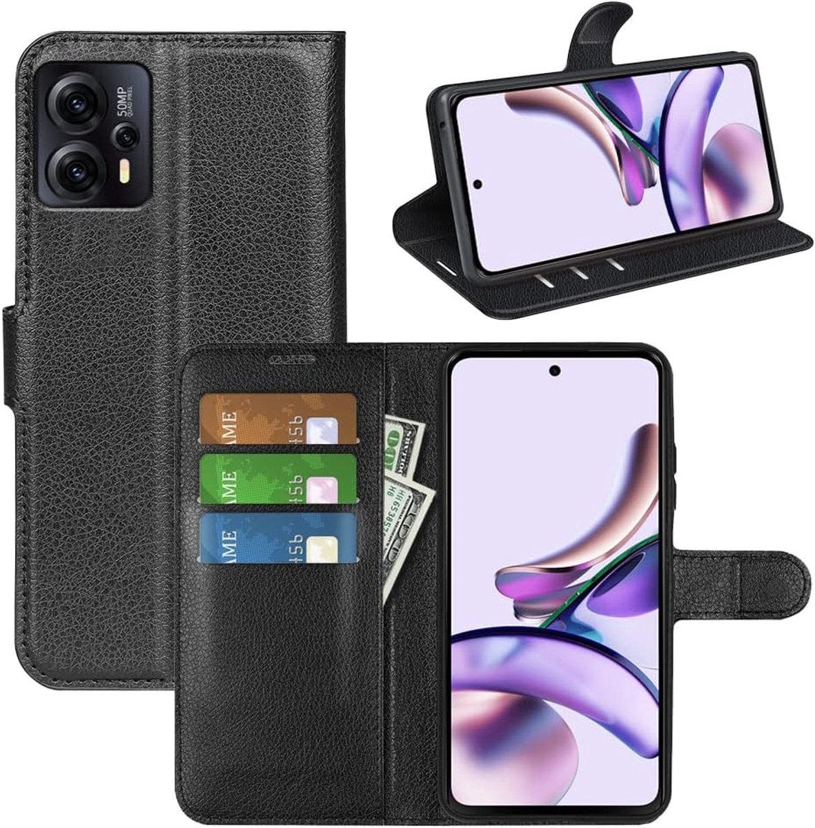 Hoesje voor Motorola Moto G13 / G23, Premium Lederen Portemonnee Hoesje Flip Folio Hoesje met Siliconen Bumper [Kickstand] [Kaarthouder] [Magnetische Gesp] Bookcase Skin voor Motorola Moto G13