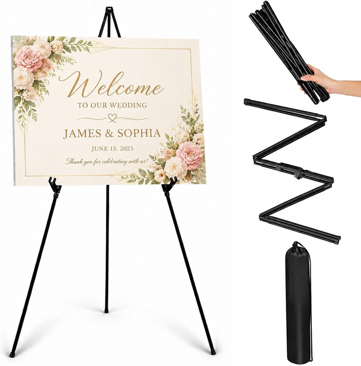 160 cm in hoogte verstelbaar, telescopische standaard voor canvas schilderen, inklapbaar en stabiel voor studio, binnen en buiten, bruiloftsposterdisplay, zwart