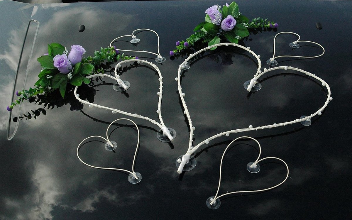 Autoversiering, bruidspaar, rozen, decoratie, huwelijk, auto, bruiloftsdecoratie (groot lila / wit)