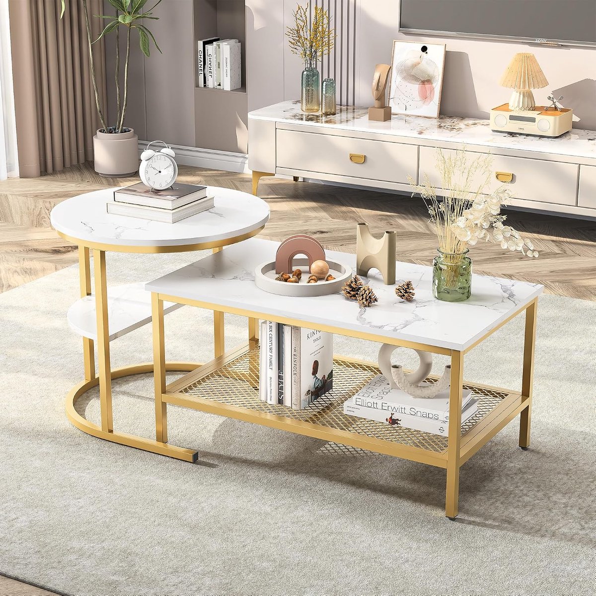 2-delige set salontafels, salontafel met stalen frame en planken, moderne salontafel, bijzettafel in marmerlook, voor woonkamer, slaapkamer, balkon (goud)