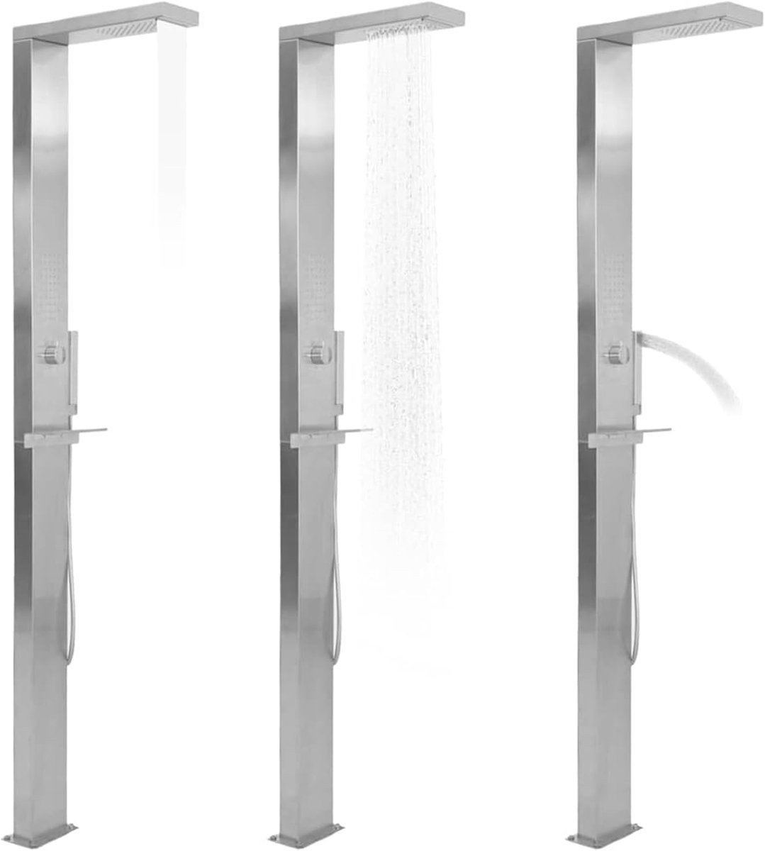 Vierkante tuindouche van roestvrij staal, voetwastafel voor buiten, douche voor zwembad, 15 x 44 x 210 cm
