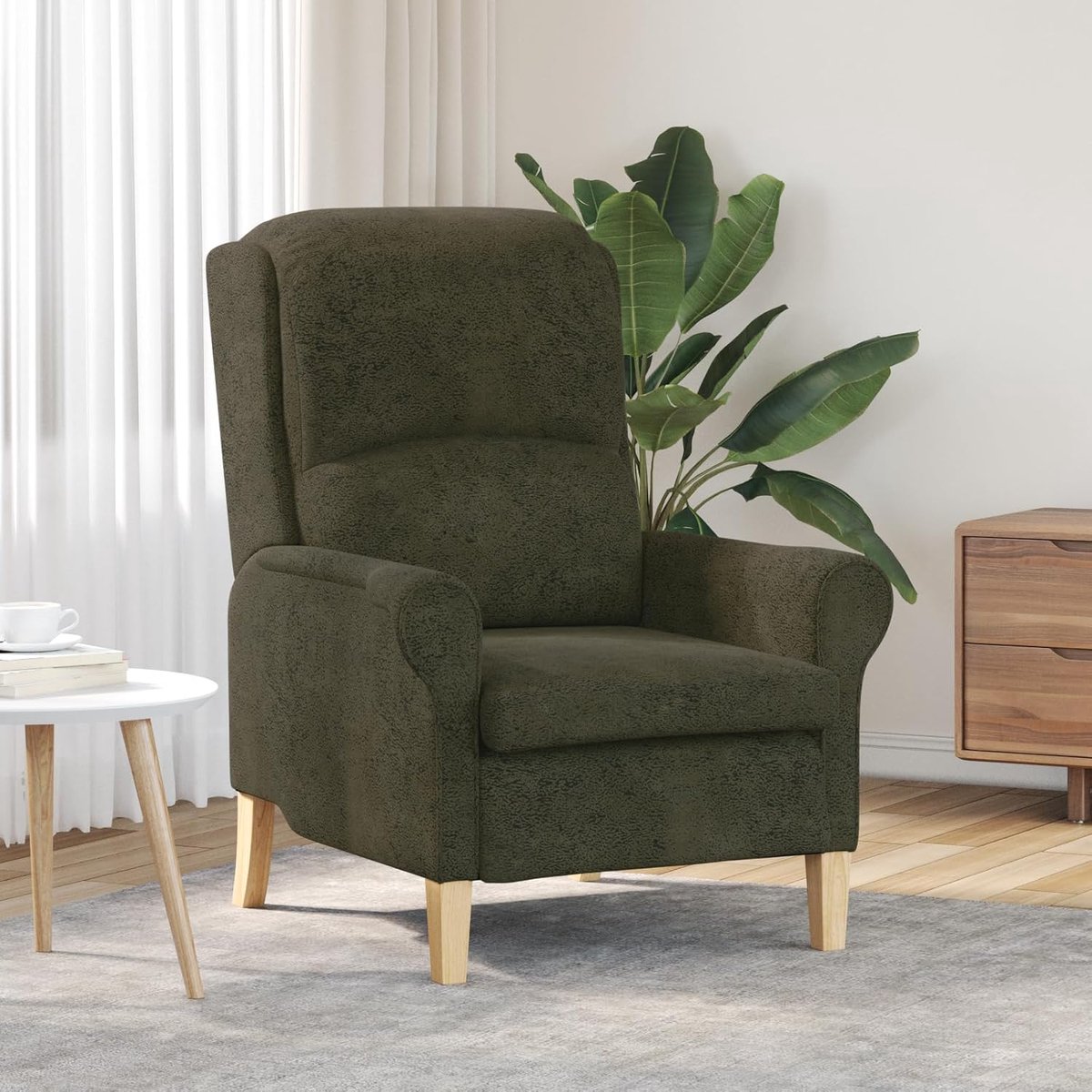 Fauteuil olijfgroen stof, hout medium ergonomische stoel cocktail stoel voor slaapkamer balkon