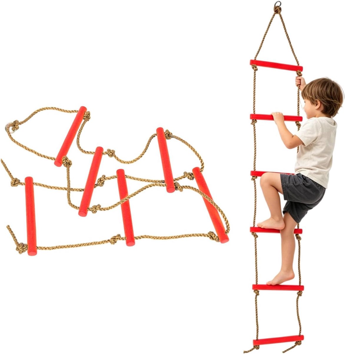 Hangende klimladder, indoor klimtouw met zes secties, boomhuisaccessoires, outdoor, speeluitrusting voor thuis en buiten, rood