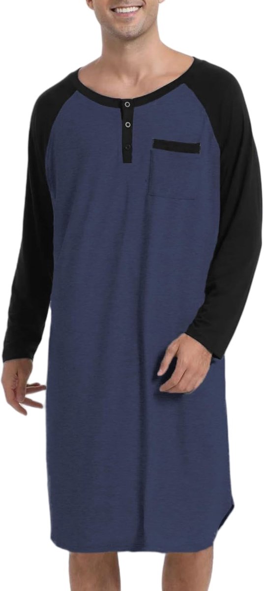 Nachthemd voor heren, slaapshirt, katoen, lang, zacht, ademend, nachthemd, lange mouwen, nachthemd, ziekenhuis, slaapkleding om uit te rusten