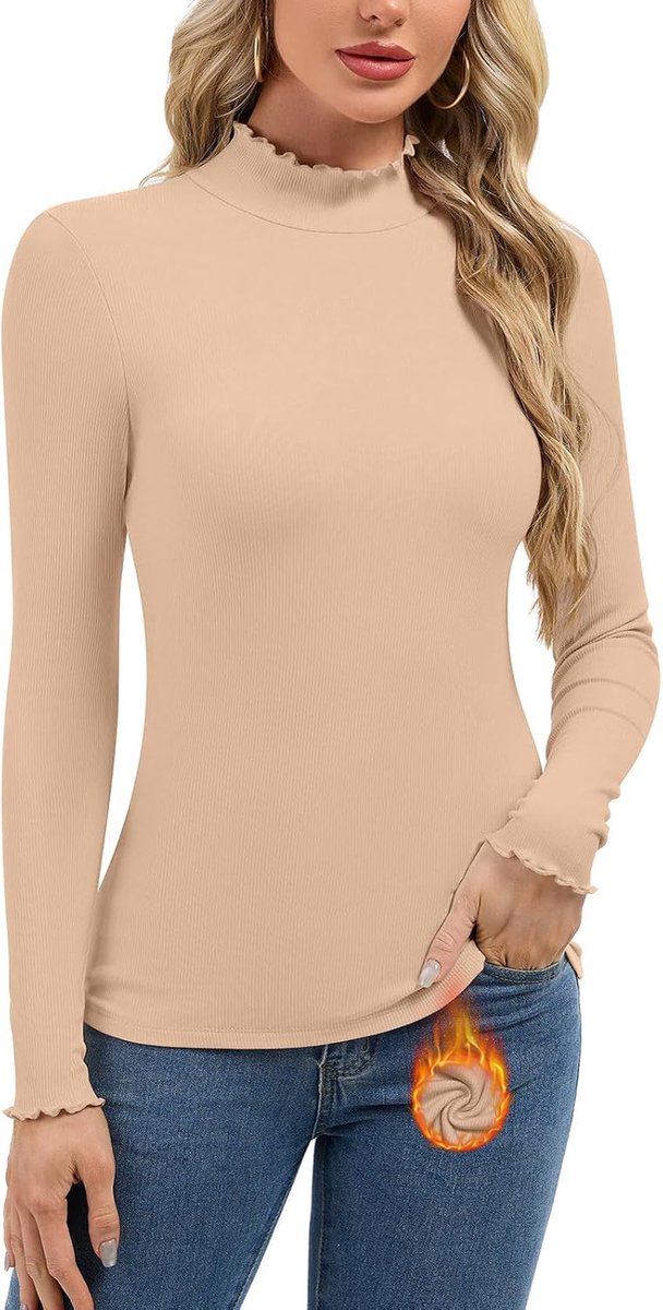 Thermo bovendeel dames met ruches thermoshirt lange mouwen halve rolkraag trui ruches gebreid shirt lange mouwen opstaande kraag effen bovenstuk slim fit onderhemd