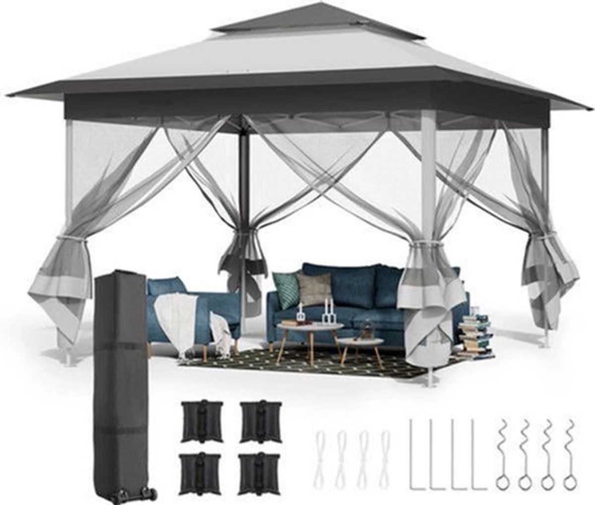 Gazebo Pop-Up Tent - Kampeertent - Opvouwbare Partytent - Tenten - 3.3x3.3m - Waterdichte - 4 Muskietennetten - voor Camping - Feest of Festival - Lichtgrijs en Donker