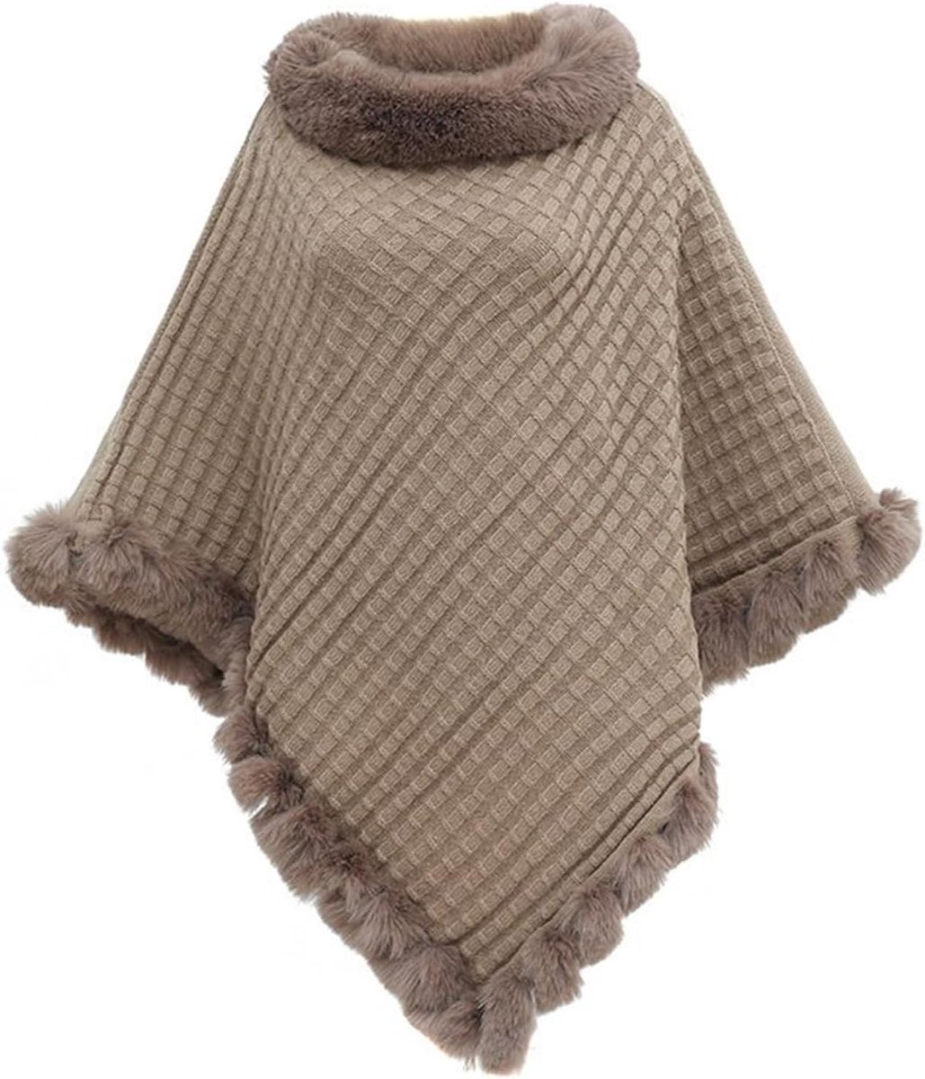 Poncho voor dames, thermojas met imitatiebont, warm, elegant, met ronde hals