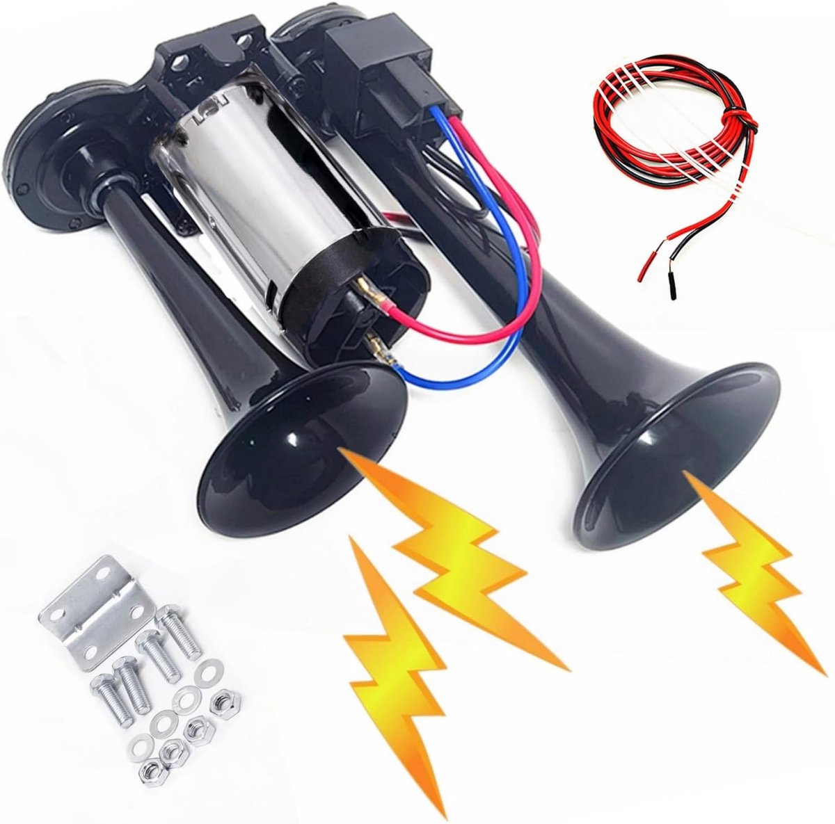 Auto Hoorn Auto Hoorn Dubbele buis 12V Schip Hoorn Luid Speaker Luchthoorn zilver zwart combinatie Waterdichte Trompet Hoge en Lage Tone Elektrische hoorn Truck Hoorn Alarm hoorn voor 12V auto