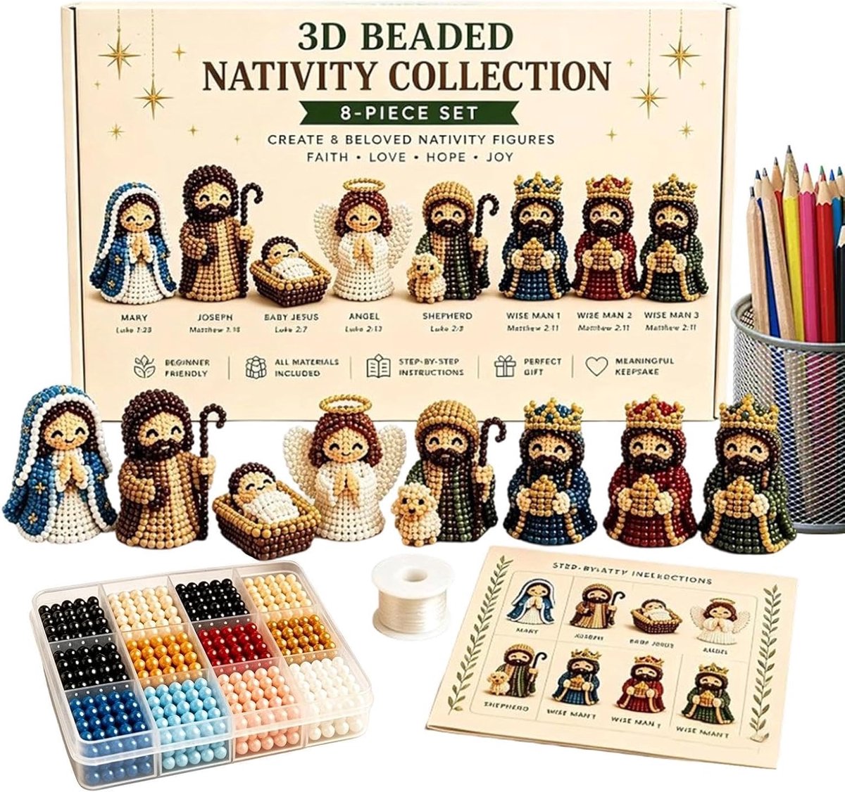 Kerststal met parels 3D handgemaakte kralen knutselfiguren