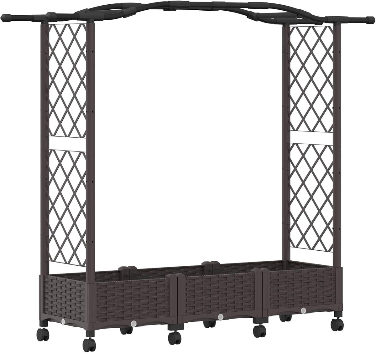 Verhoogd bloembed met hekwerk en wielen, bruin, 169 x 40 x 129 cm, PP