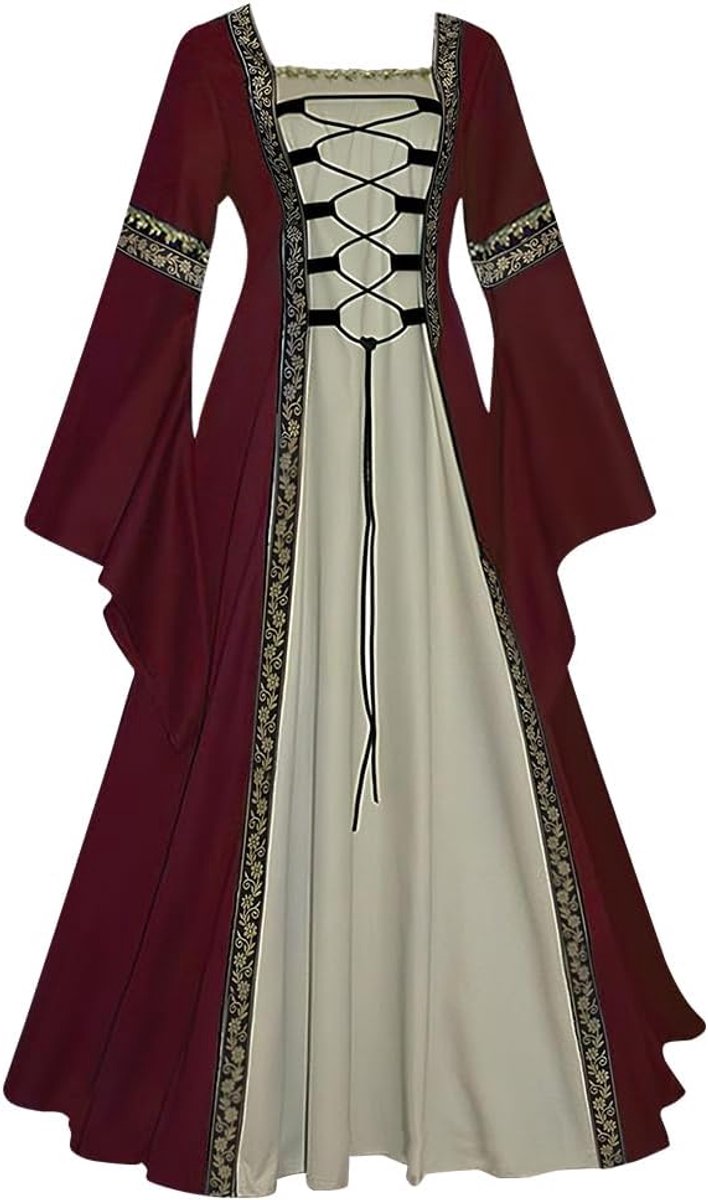 Middeleeuwse jurk met trompetmouwen, middeleeuwse Victoriaanse koninginnenjurk, renaissance, gothic, maxi-jurk, carnaval, Halloween, party, prinsessenkostuum