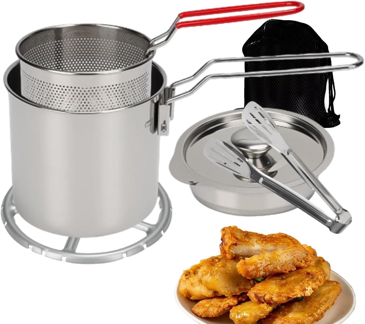 Friteuse - roestvrij zevendelige 1.2L Mini Pot Basket Kit, Compact Warmtevat, Handig Koken Tool | Thuis Keuken Camping Picknicks Feesten Vis Kip Outdoor Draagbare Maaltijd Prep Utility Craft