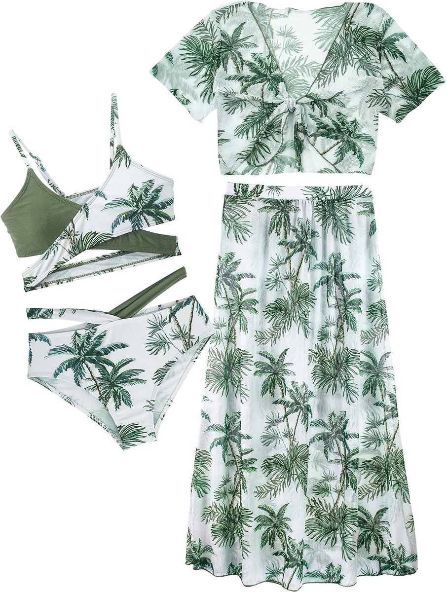 Meisjesbadpak, 4 stuks, bikini, badpak, cover-up top met strandshorts, rok, kinderen, zwemmen, kostuum, surfen, badmode, 8-12 jaar