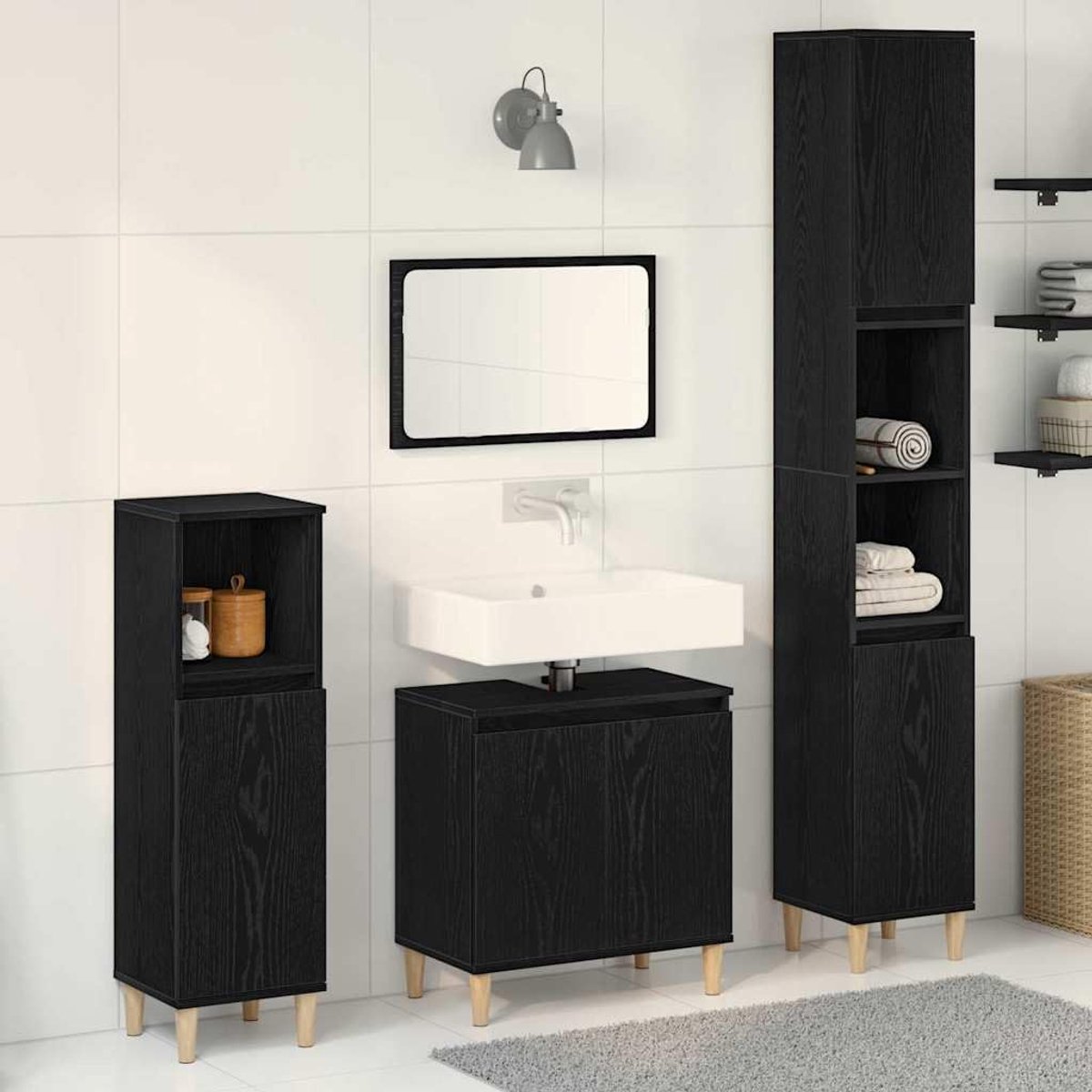 Badkamermeubelset 3 stuks zwart eiken look houtmateriaal wandmontage