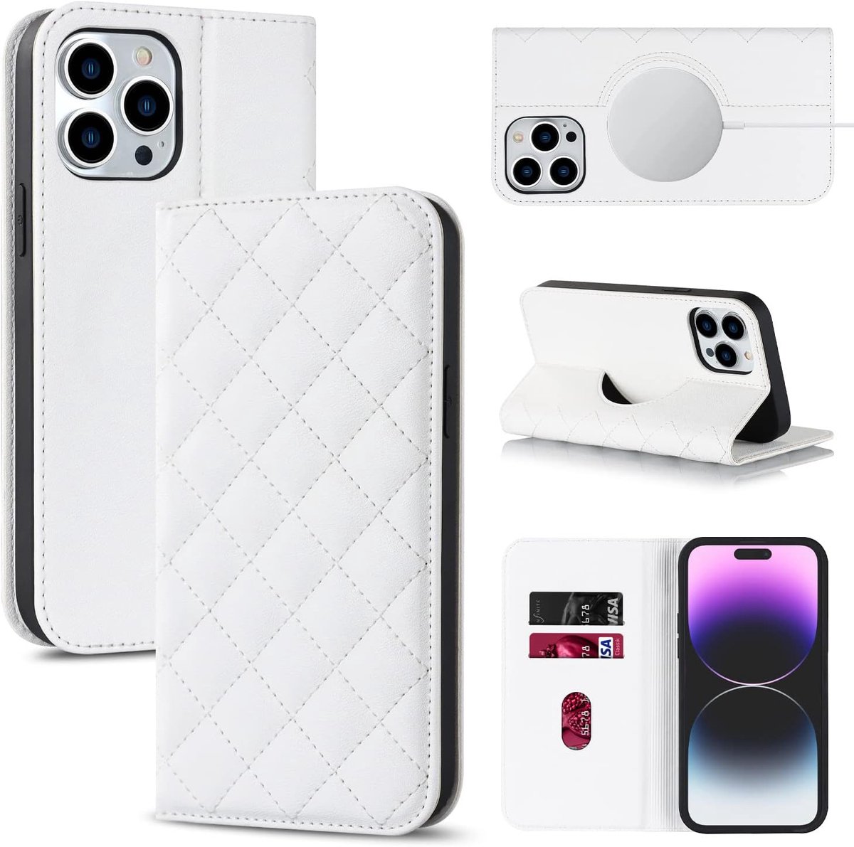 Hoes voor mobiele telefoon voor Apple iPhone 15, PU-leren klaphoes, compatibel met MagSafe, telefoonhoes met standfunctie en magneetsluiting, schokbestendig, flip beschermhoes, wit