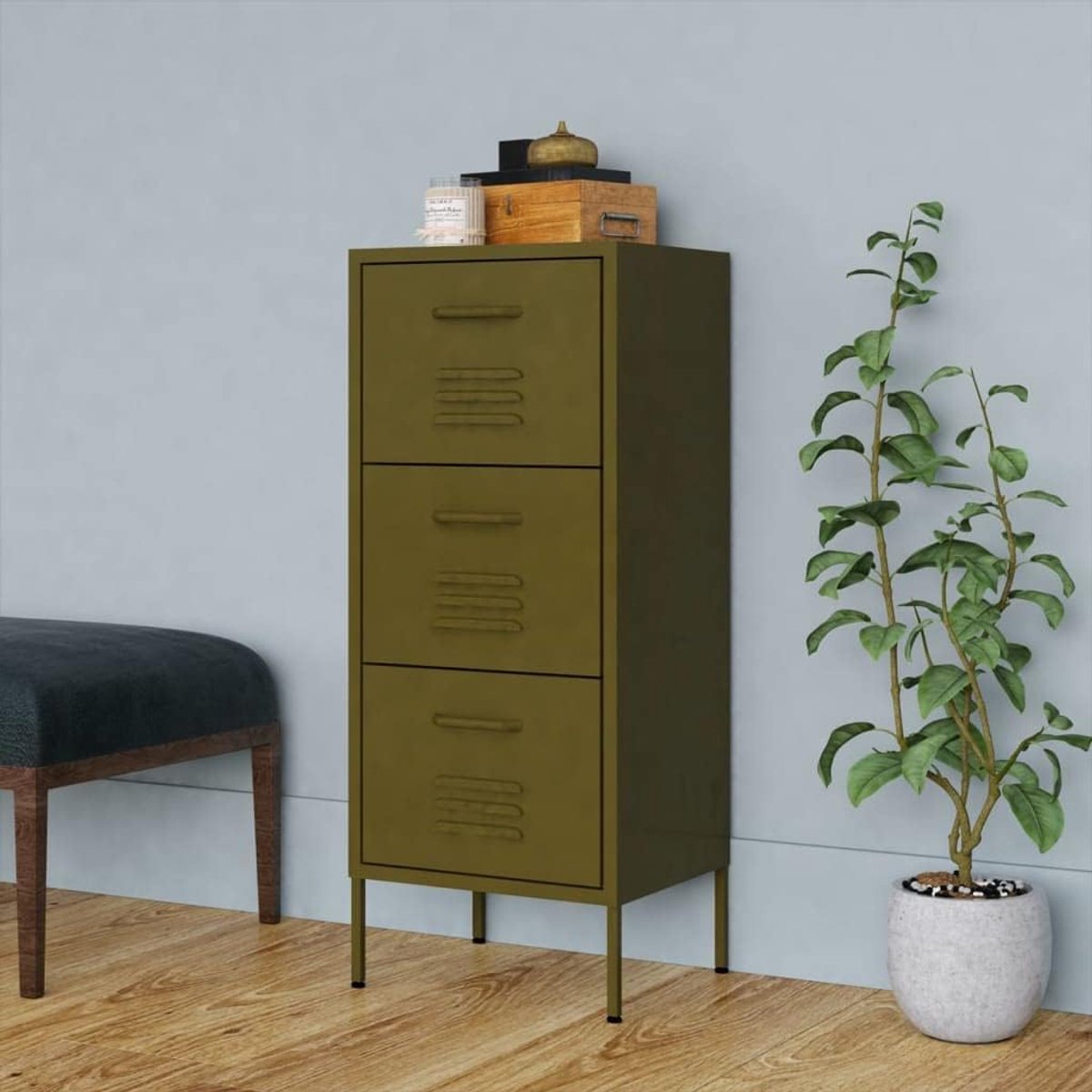 Kast met schuifladen, kast, slaapkamer, opbergkast, olijfgroen, 42,5 x 35 x 101,5 cm, staal