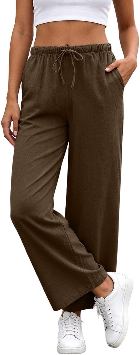 Vrijetijdsbroek voor dames, stoffen broek, zomerbroek, wijde pijpen, los, comfortabel, licht, hoge taille, met zakken, elastiek, katoen, modern, casual, dagelijks gebruik, A76