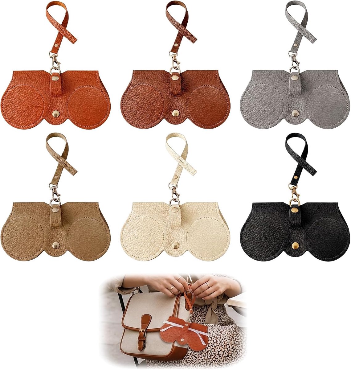 Zachte brillenkoker voor dames, 6 stuks, brillenkoker van PU-leer met polsband, draagbaar, voor grote monturen, formaat 14 x 7 cm, meerkleurig