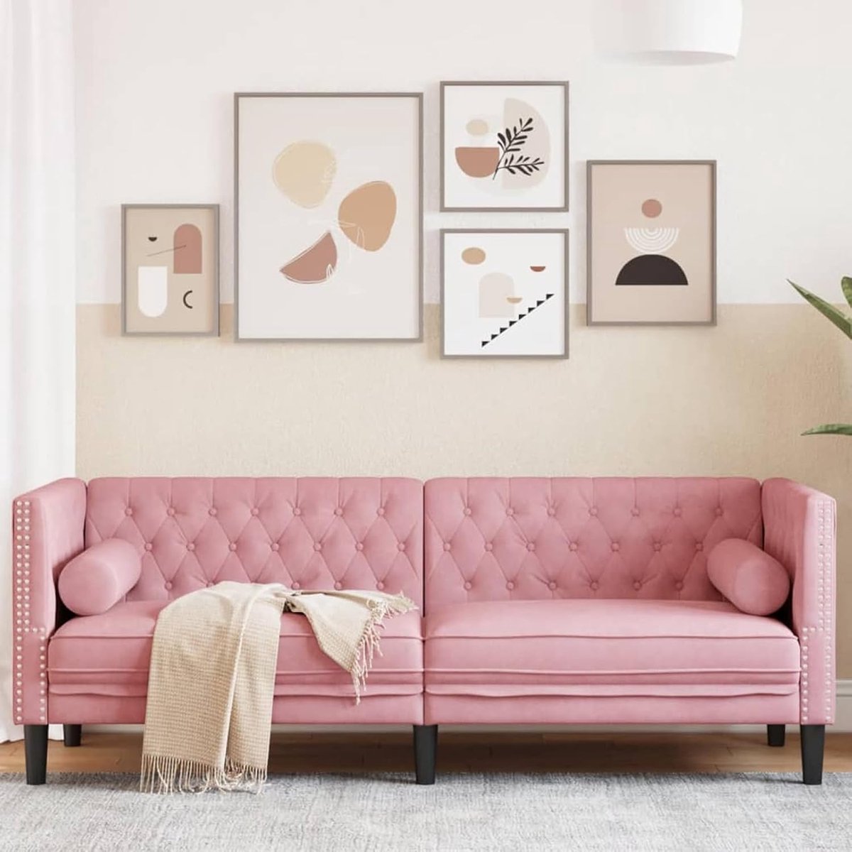 Chesterfield-bank met nekrollen, 3-zits, roze fluweel, zitgroep, bank voor woonkamer, appartement, kantoor, logeerkamer, 372696
