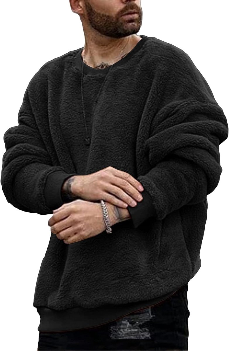 Teddyfleece trui voor heren met ronde hals, pluizige tops, sweatshirt, lichte en winddichte wintertrui