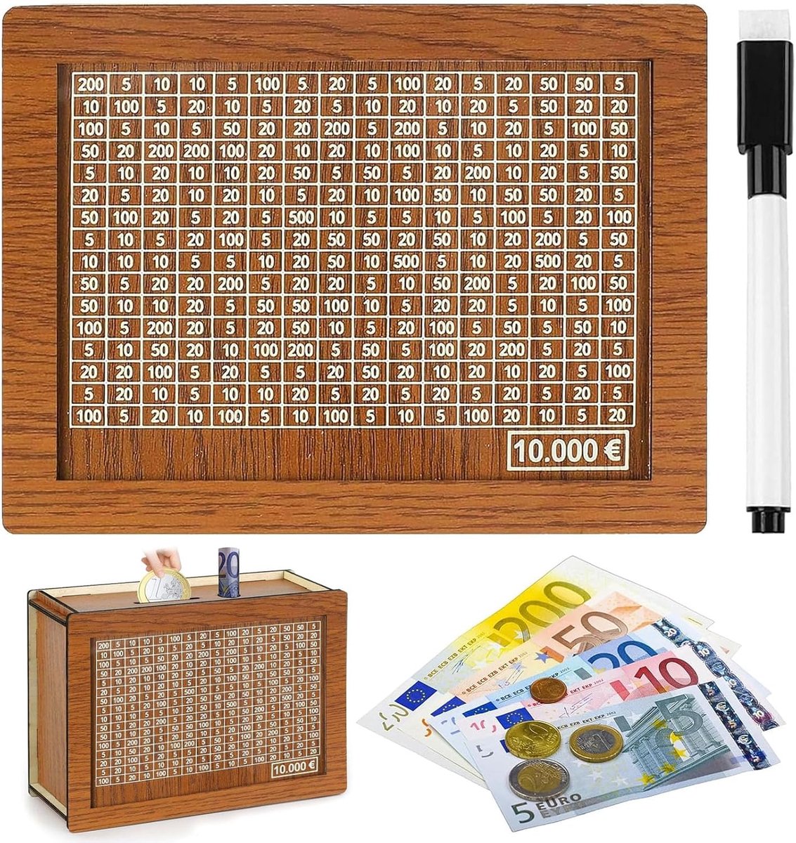 Spaarpot met teller,herbruikbare spaarpot van hout,Houten Gelddoos met spaardoel en nummers om te controleren,gelddoos voor helpt kinderen en volwassenen De gewoonte om te sparen aan (10000€)