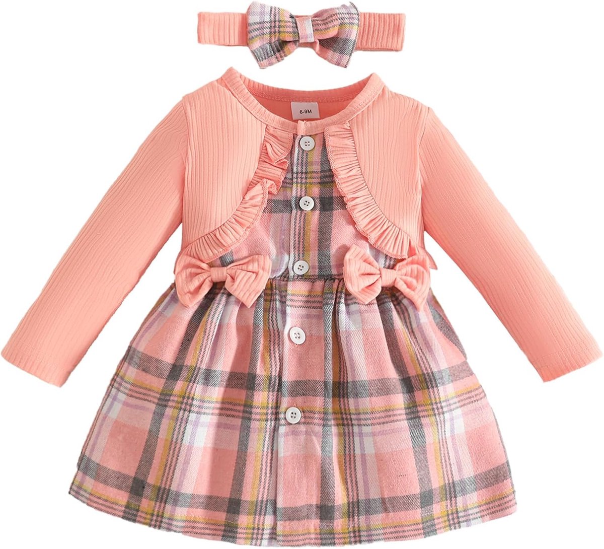 Kledingset voor babymeisjes, met lange mouwen, romper, jurk, geruit, outfit